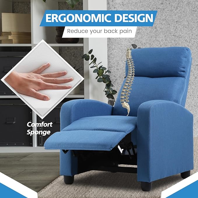 Recliner Chair for Adults Living Room Chairs Reading Chair with Fabric Padded Seat Backrest Modern Reclining Easy Lounge Bedroom Chair Recliner Chair for Bedroom (Blue)