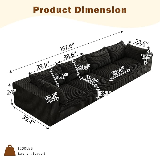 157.6 Modular Sectional Sofa Cloud Couch Modern Fluffy Boneless Couch Deep Seat Upholstered Sofa for Living Room Furniture Bedroom and Apartment (Black 4-Seater) | Plush Corduroy
