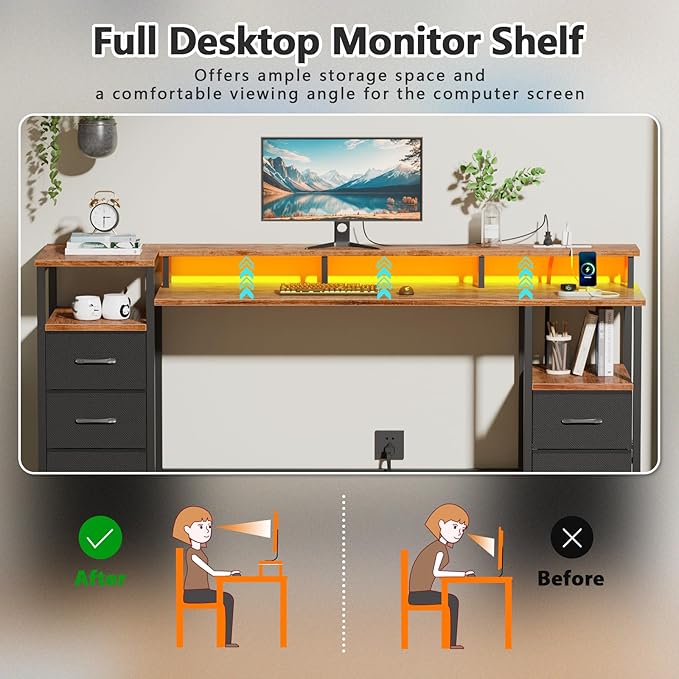 61 Inch Gaming Desk with Power Outlets and LED Lights Reversible Computer Desk with 5 Fabric Storage Drawers Home Office Desk with Monitor Stand for Working Writing Study Rustic Brown