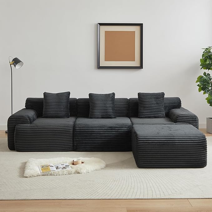 114-inch Oversized Modular Sectional Sofa Fluffy Boneless Compressed Memory Foam Corduroy Couch Comfy Modern L Shaped Couches with Ottoman &amp Pillows for Living Room Apartment Bedroom Black