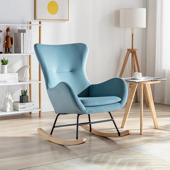 Rocking Chair Nursery Velvet Upholstered Glider Rocker Recliner Chair Padded Seat with High Backrest Armchair Reading Chair Comfy Accent Chair for Living Room Bedroom Balcony