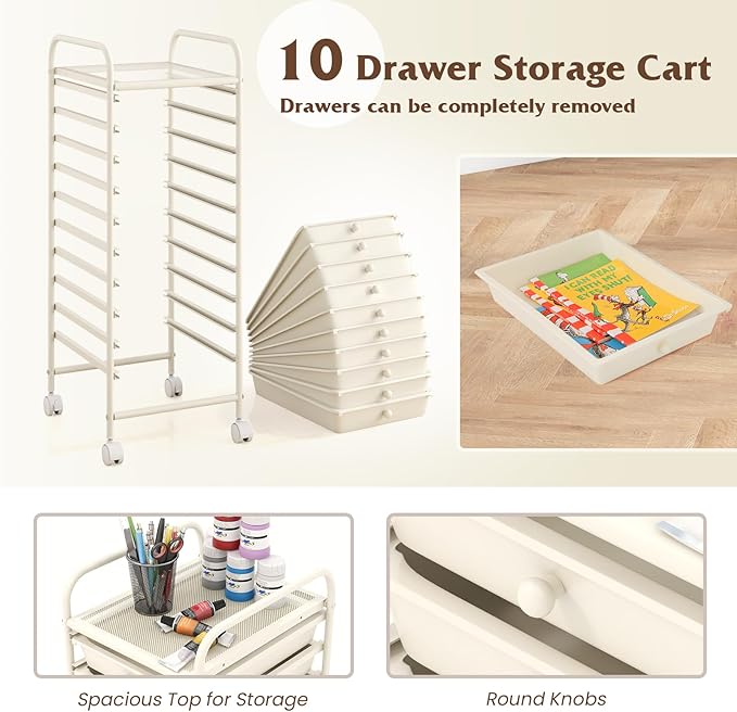 Giantex 10-Drawer Storage Cart w/Universal Wheel Rolling Cart w/Handle Home Organizer Storage Unit w/Removable Drawers Trolley Utility Cart for Kitchen Makeup Living Room Office Play Room Ivory