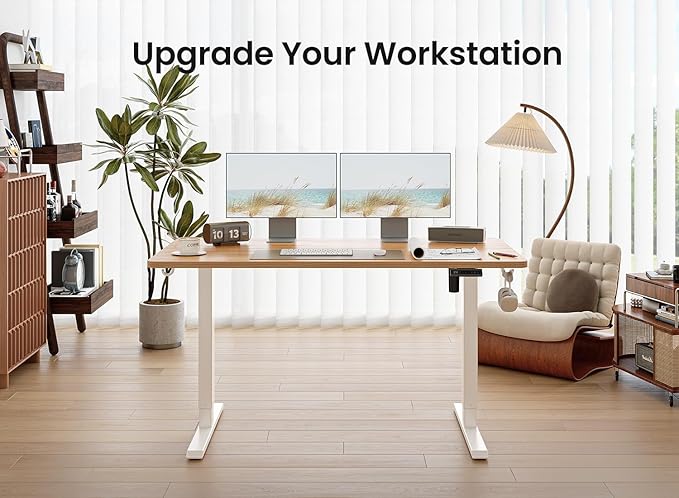 BANTI 55 × 28 Inches Standing Desk Ergonomic Electric Height Adjustable Sit and Stand Up Computer Desk with a Deeper Desktop White Frame/Light Rustic Top