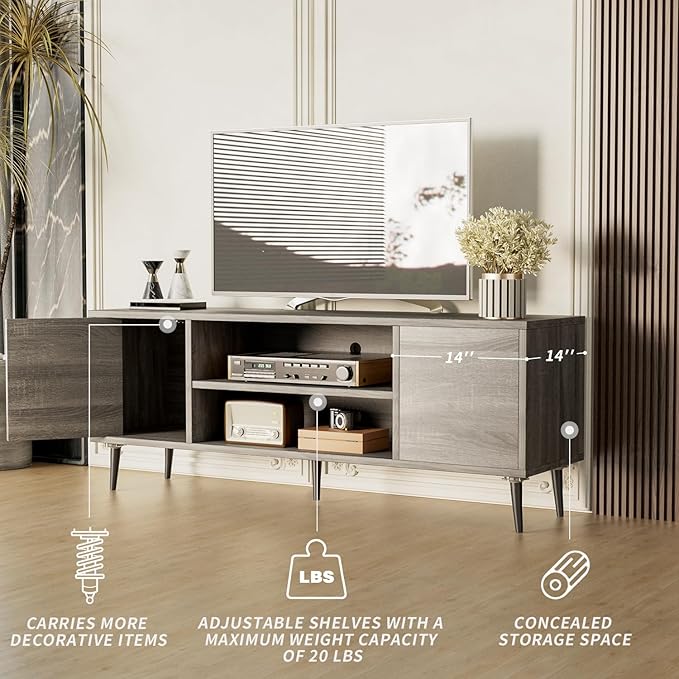 JUMMICO TV Stand for 65 Inch TV Mid Century Modern TV Stand Entertainment Center with Storage Cabinet and Open Shelves TV Console Table Media Cabinet for Living Room and Bedroom (Gray)