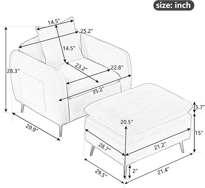 35.2 Modern Accent ChairSingle Sofa Chair with Ottoman Foot Rest and Pillow for Living Room Bedroom Small Spaces Apartment OfficePink