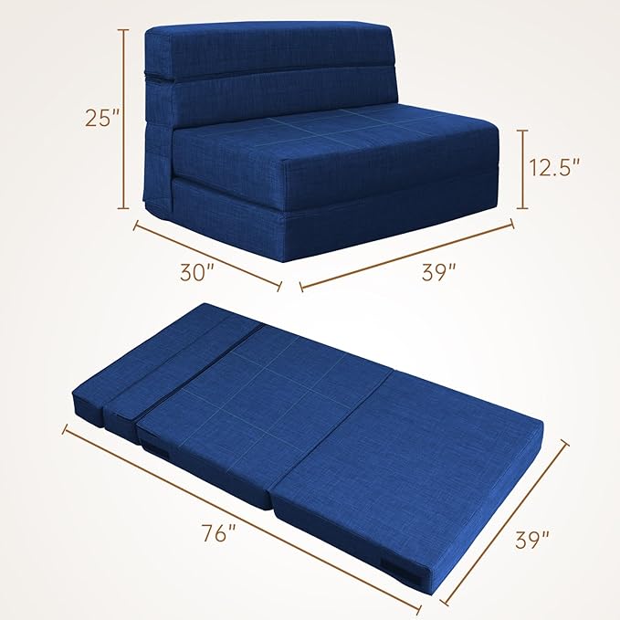 Folding Sofa Bed Couch Memory Foam with Pillow Sleeper Chair Lazy Couch Twin Size Futon Convertible Guest BedsWashable CoverDark Blue