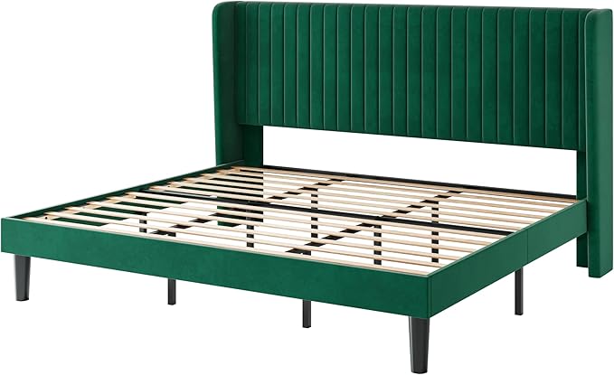 SHA CERLIN King Size Velvet Bed Frame with Vertical Channel Tufted Wingback Headboard Upholstered Platform Bed with Wood Slats No Box Spring Needed Easy Assembly Green