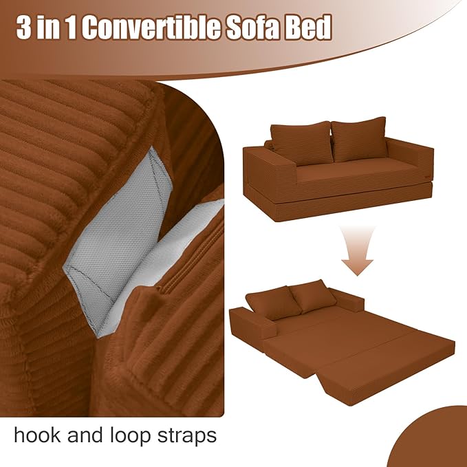 COMAX Convertible Sofa Bed Queen Corduroy Folding Floor Couch Pull Out Couch Bed Futon Sleeper with Pillows Fold Out Boneless Sofa Comfy Lounge Mattress Loveseat for Living Room Bedroom Orange