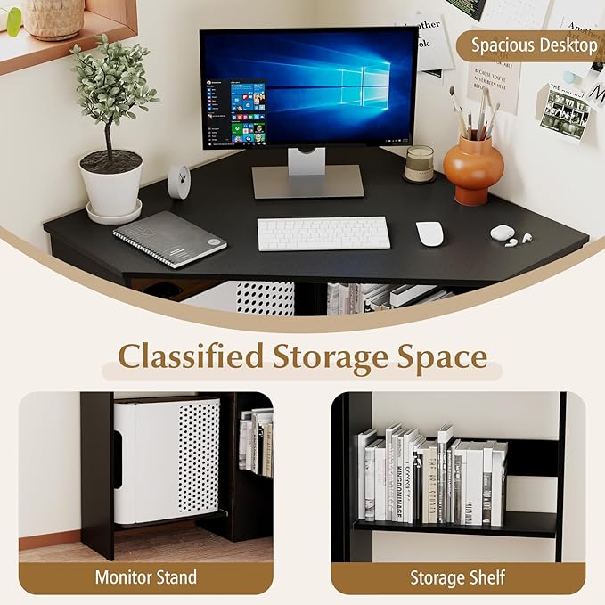 Giantex Corner Desk Space-Saving Triangle Computer Desk with Storage Shelves &amp CPU Stand Modern Makeup Vanity Table for Bedroom Writing Desk for Small Spaces (Black)