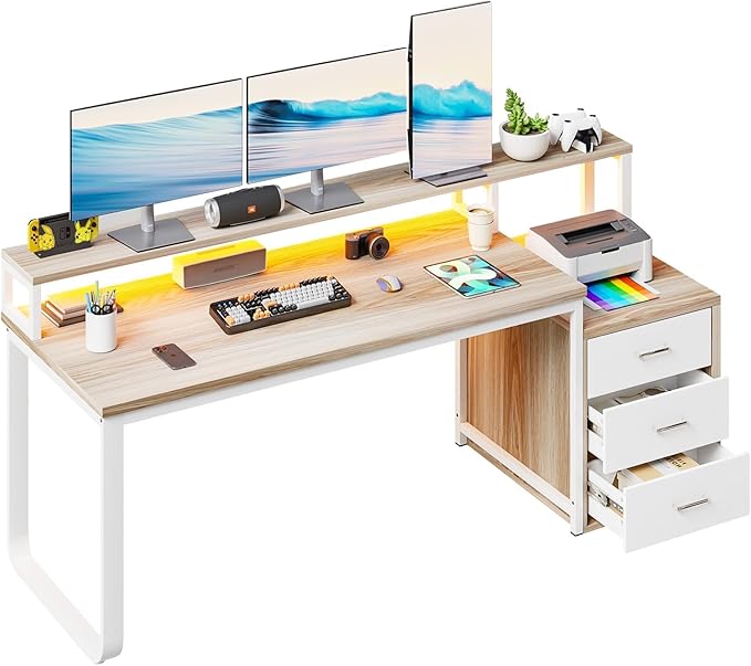 HOMBCK 67 Computer Desk with 3 Drawers Home Office Desk with Long Monitor Stand and Printer Space Office Desk with Storage &amp LED Lights Writing Desk with Drawers Walnut and White