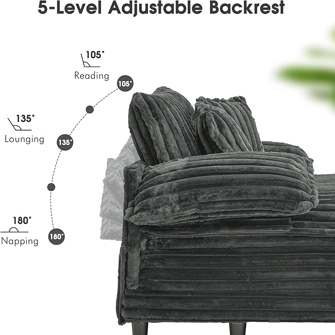 55 W Oversized Chaise Lounge Sofa Couch with 5-Position Adjustable Backrest Plush Sleeper Chair Sofa Bed Reading Chair ‌with Deep Seat Cloud Couches for Living Room Bedroom Dark Grey