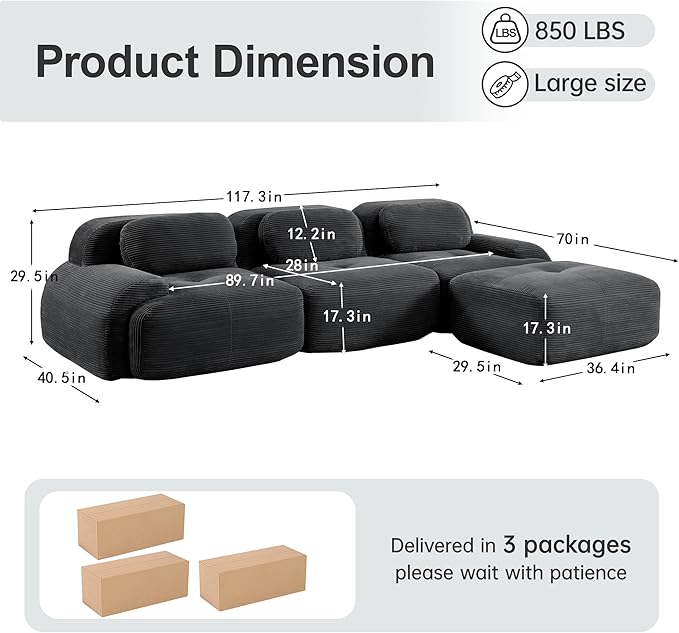 117.3 L-Shaped Cloud Couch Modular Sectional Sofa - Boneless Deep Seat 3-Seater with Movable Ottoman No Assembly Corduroy Upholstery Couches for Living Room (Grey)