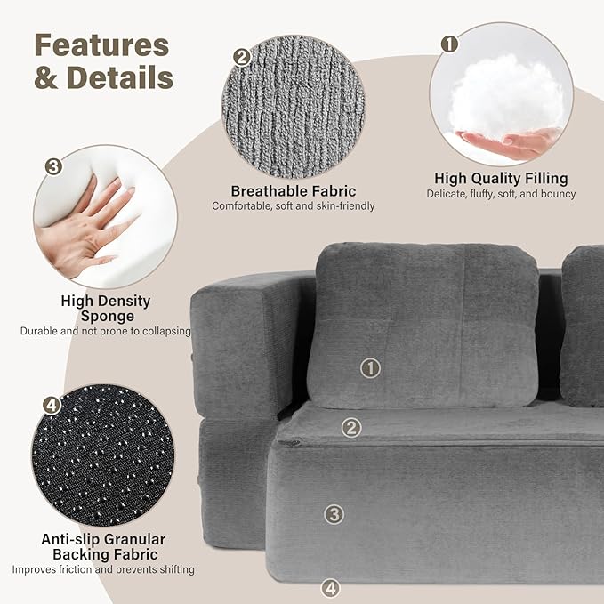 78 Convertible Sofa Bed with Blanket Boneless Cloud Couch Queen Scott Fabric for Living Room Bedroom Modular Loveseat with High-Density Solid Sponge No Assembly Grey