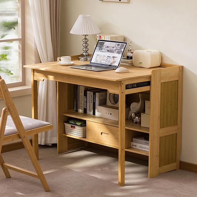 Bamboo Folding Desk with Bookshelf &amp Drawer Small Foldable Computer Table Wooden Space Saving Desks for Home Bedroom Study Office (Natural 30.3″x27″x30.3″)