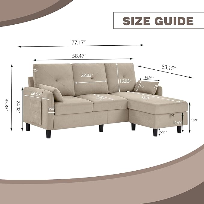 Convertible Sectional Sofa 77 Small L Shaped 3 Seat Couch with Reversible Storage Chaise Modern Polyester Fabric Sofa Couches for Living Room Apartment and Small Space Beige