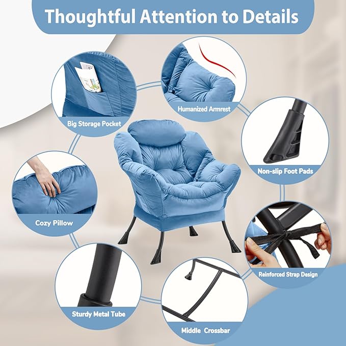 Lazy Chair Thick Padded Comfy Velvet Accent Lounge Chair with Stable Frame Leisure Sofa Armchair with Armrests and Side Pocket Reading Chair for Bedroom Living Room Office Light Blue