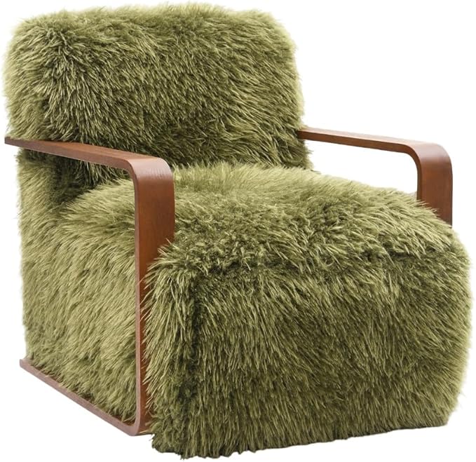 Comfortable Faux Fur Reading ChairModern Luxury Accent Chair Side Chairs with Curved Wooden Armrests for ApartmentLiving RoomOfficeStudyGreen
