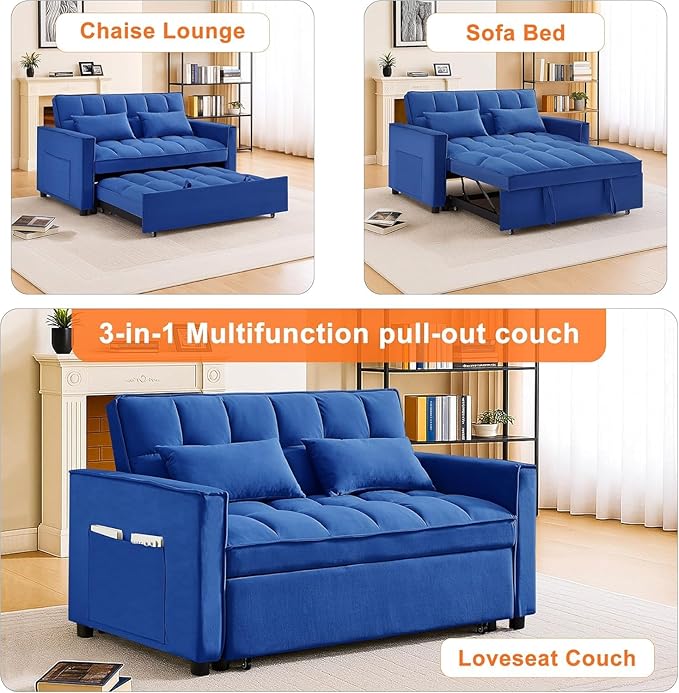 3 in 1 Convertible Sleeper Sofa BedFuton Couch with Pull-Out Bed &amp Adjustable BackrestVelvet Fabric Loveseat Sleeper with Side Pocket for Small Apartment Living Room Office (Blue) | Adjustable