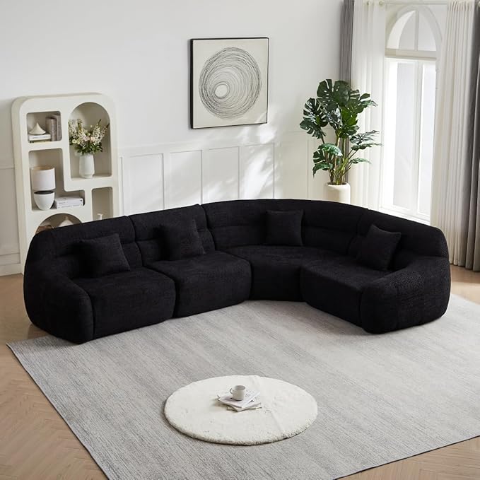123 L-Shaped Corner Sectional Sofa with Curved Edge Modern Chenille Modular Cloud Couch High Back Oversized 4-Seater with 4 Pillows No Assembly Required Black