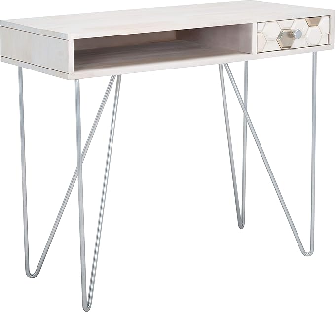 SAFAVIEH Home Office Collection Raveena White Wash and Silver 1-Drawer Hairpin Leg Desk