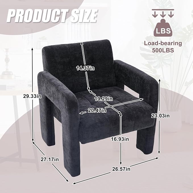 Modern Accent Chair Set of 1 Chenille Fabric Upholstered Reading Armchair Mid-Century Leisure Comfy Single Sofa Chair for Living Room Bedroom Home Office (Black Set of 1)