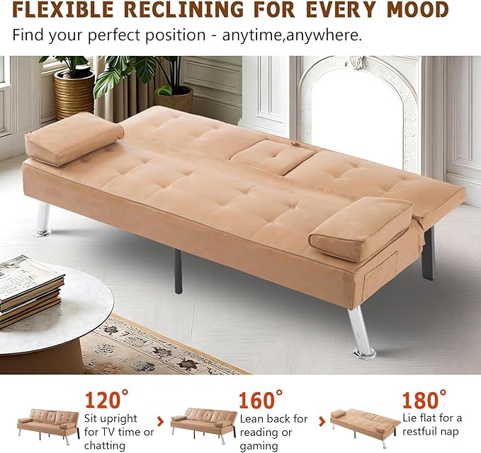 Anwick Convertible Folding Futon Sofa BedModern PU Leather Sleeper Love Seat with 3 Reclining Backrest &amp Cup Holders67 Comfy Sofa Couches for Living Room Small Home Office (Brown)