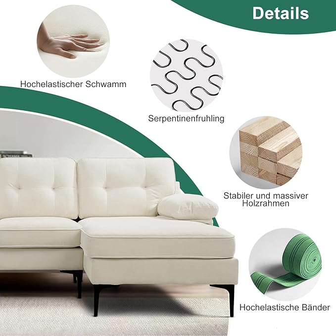 PARKOL 82in L Shaped Sectional Couches Small Lounge Sofa Couches Set Clearance Set Couch for Small Space Apartment (White (Chenille Fabric) 82 Width with Reversible Chaise)