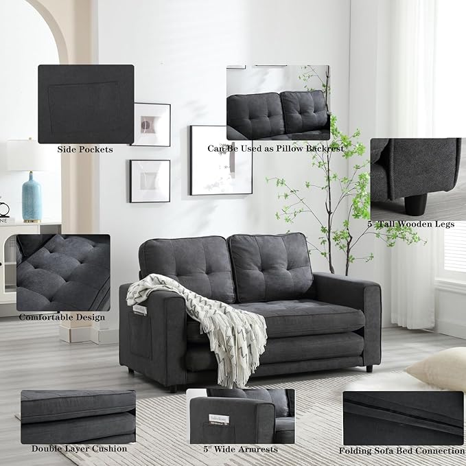 Futon Sofa Bed Convertible Folding Futon Couch Breathable Small CouchAdjustable Pull Out Chaise Lounge for Compact Living Studio in Living Room and Bedroom Offices Dorm Loveseat (Dark Gray)