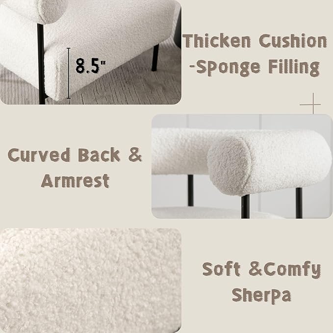 Modern Accent Chairs Set of 2 White Boucle Side Chairs with Curved Back Sherpa Barrel Vanity ChairsArmchairs with Black Metal Legs &amp Upholstered for Living Room Makeup Room