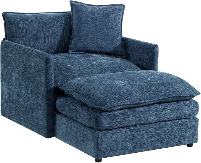 TTK Oversized Chaise Lounge Chair with Ottoman - 39.17 Wide Modern Sleeper Sofa for Living Room Bedroom &amp Office - Deep Seat Sectional Couch with Pillow Comfortable Reading Chair (Blue 39.17)