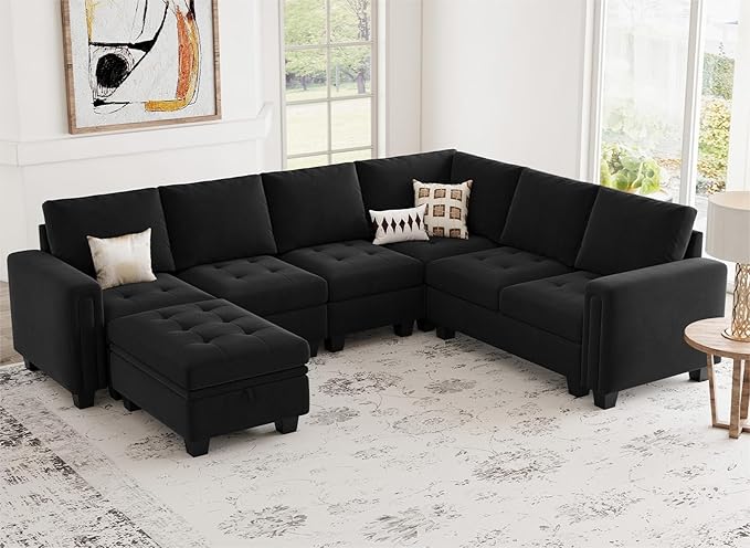 Belffin Modular Sectional Sofa Couch 7-Seater Convertible Sectional Sofa Velvet Modular Sectional with Storage Ottoman L Shaped Couch with Chaises Black