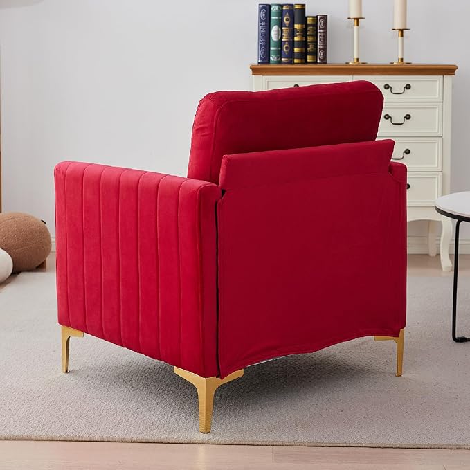 Velvet Accent Chairs Set of 2 Modern Accent Chairs with Gold Metal Legs Upholstered Reading Armchair Small Sofa Chair for Living Room Bedroom Office (Red)