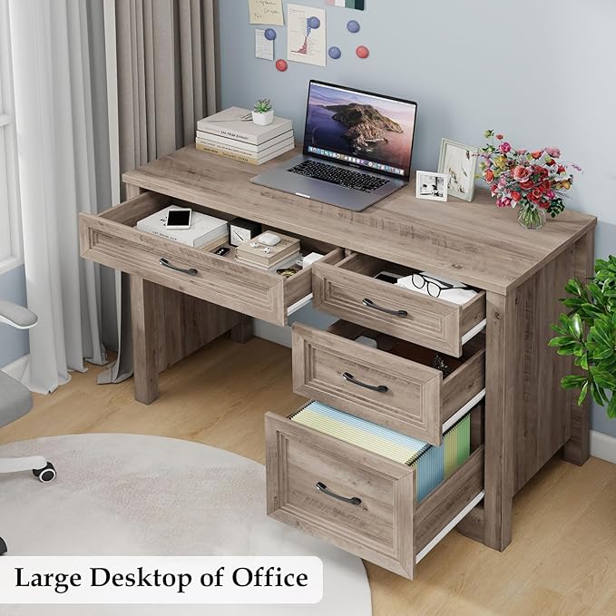 Farmhouse Executive Desk with Drawers Wood Computer Desk with Ample File Drawer Rustic Home Office Desk with Storage for Bedroom Living Room Grey