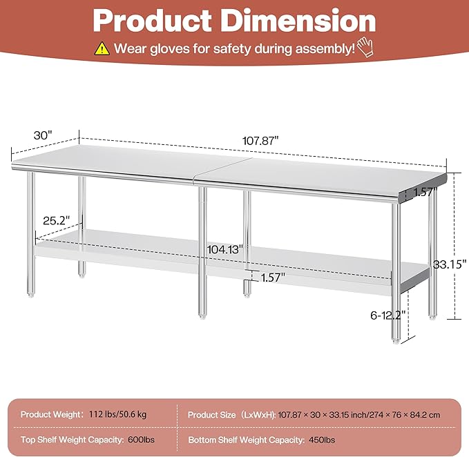 Jocisland 30 x 108 Stainless Steel Table for Prep &amp Work NSF Certified Adjustable Under Shelf and Feet for Commercial Kitchen Restaurant Hotel Garage