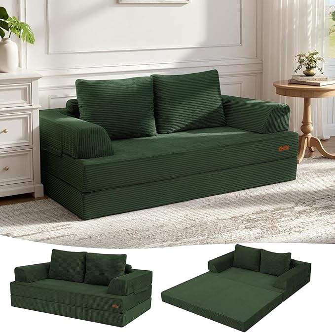 COMAX Futon Sofa Bed Convertible Folding Sofa Bed Boneless Couch Loveseat Corduroy with Pillows Small Foldable Floor Couch Comfy Lounge Sleeper for Living Room Bedroom Green