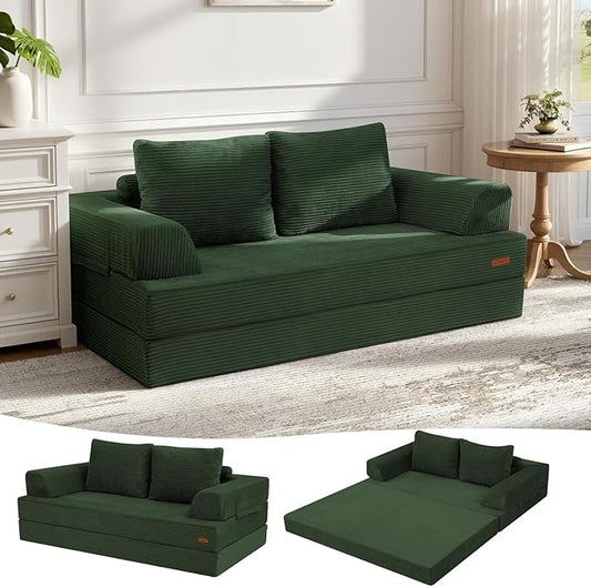 COMAX Futon Sofa Bed Convertible Folding Sofa Bed Boneless Couch Loveseat Corduroy with Pillows Small Foldable Floor Couch Comfy Lounge Sleeper for Living Room Bedroom Green