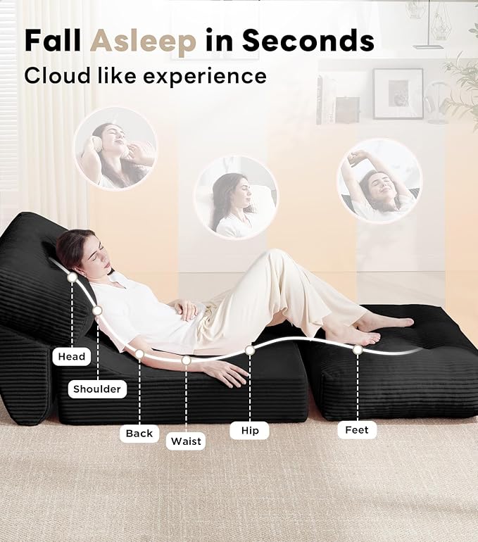 Tbfit 35.8'' Folding Sofa Bed Convertible Sleeper Chair with Large Pillow Corduroy Folding Couch Bed Portable &amp Foldable Mattress Boneless Floor Sofa Set of 2 Black