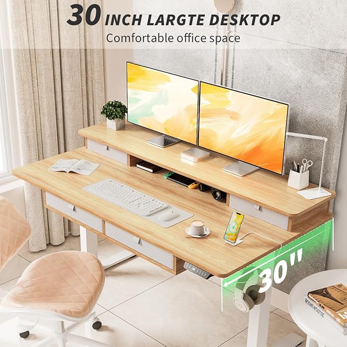 Kingant 55 x 30 Inch Electric Standing Desk with 4 Drawers Adjustable Height Computer Desk for Home Office Large Workstation Sit Stand Up Desk with Built-in USB A/C Charging Ports Nature