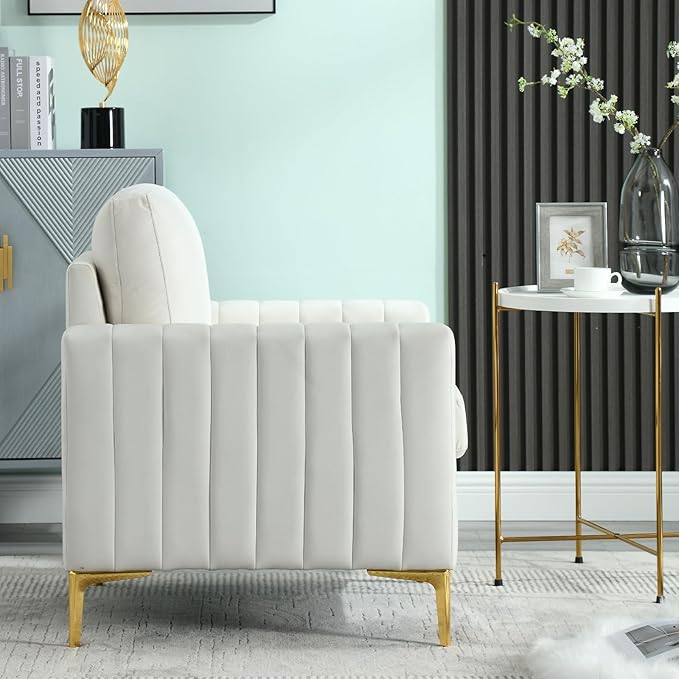 Tufted Velvet Accent Chair with Gold Legs Mid-Century Modern Single Sofa Chair Comfy Upholstered Soft Arm Chair Living Room Furniture Reading Bedroom Club Waiting Room (Beige)