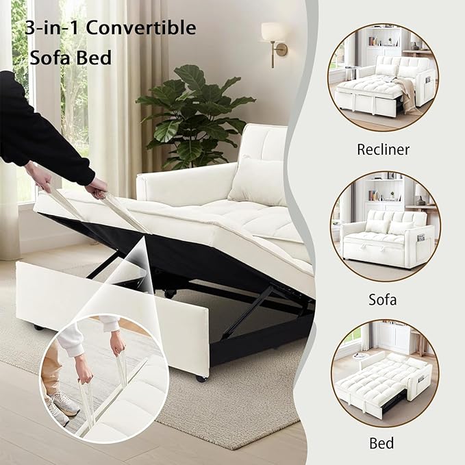3 in 1 Folding Convertible Sofa Bed 55'' Pull Out Couch Bed with Side Pocket Velvet Fabric Loveseat Sleeper Sofa with Adjustable Backrest Easy Assembly Perfect for Living Room Off White