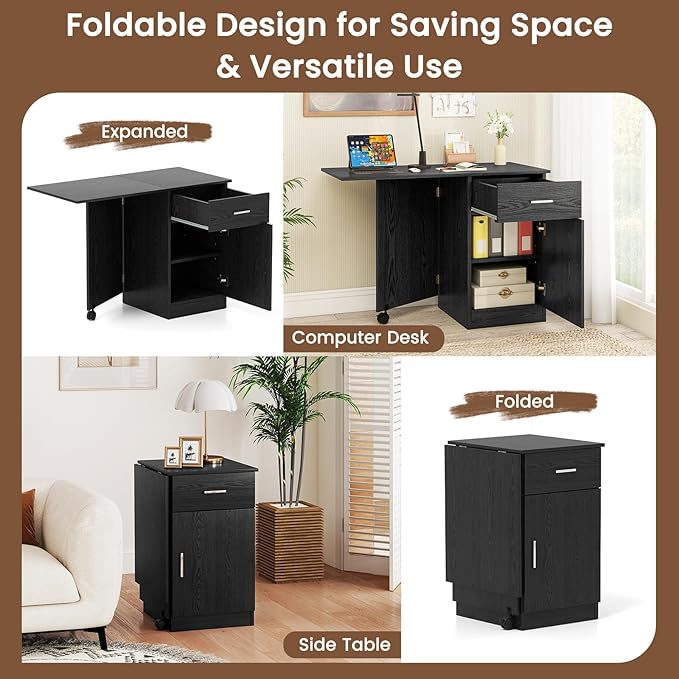 Giantex Folding Computer Desk with Drawer Home Office Desk w/Cabinet &amp Adjustable Shelf Compact Foldable Side Table Study Writing Desk for Small Spaces Dorm Apartment (Black)