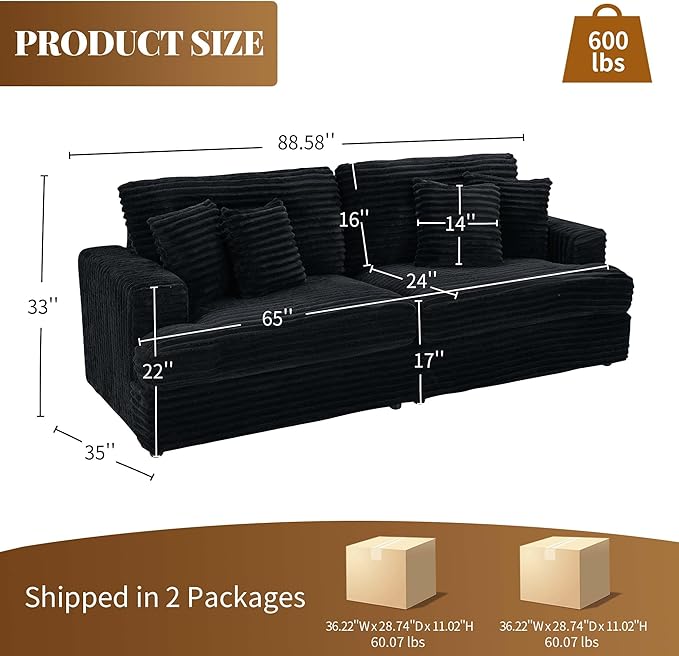 Modern Cloud Couch 3-Seater with 4 Matching Toss Pillows 88.58 Soft Corduroy Sofa with Deep Seat for Small Spaces Living Room Apartment (Black)