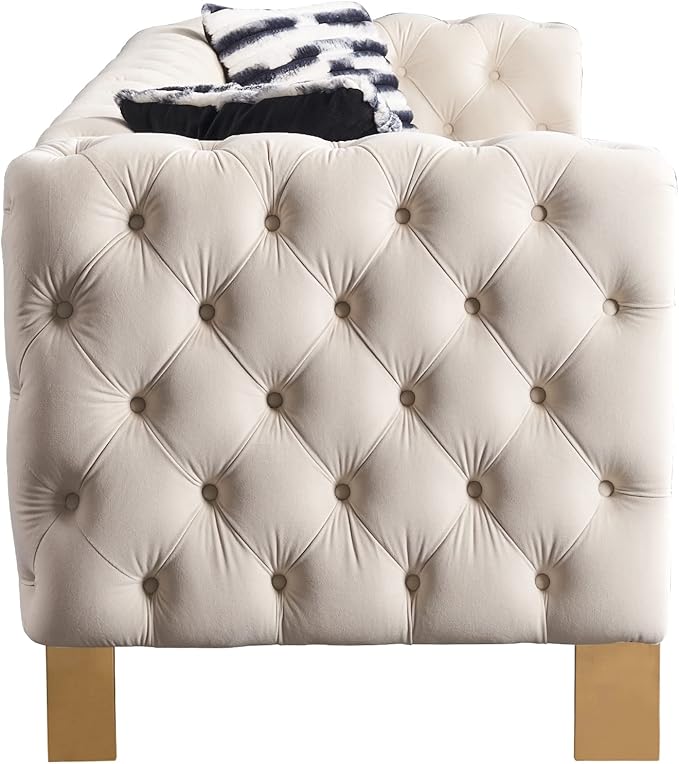 Dolonm Modern Velvet Sofa for Living Room 84 Inches Long Upholstered Sofa Couch with High Armrest and Metal Legs Decor Furniture for Bedroom Office (Cream)