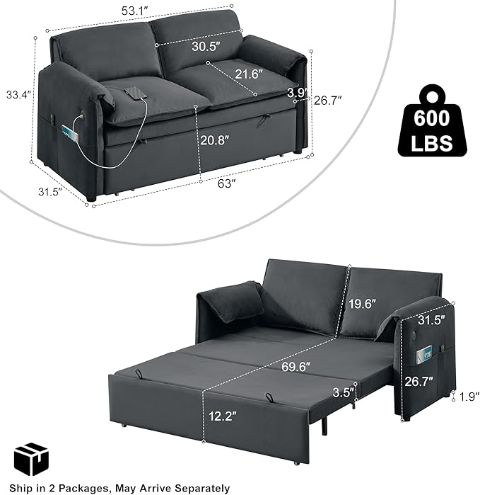 63 Velvet Pull Out Sofa Bed 3-in-1 Convertible Futon Loveseat Queen Sleeper Sofa Couch Bed with Adjustable Backrest USB Ports &amp Side Pockets Modern Sofas for Living Room Apartment Dark Grey