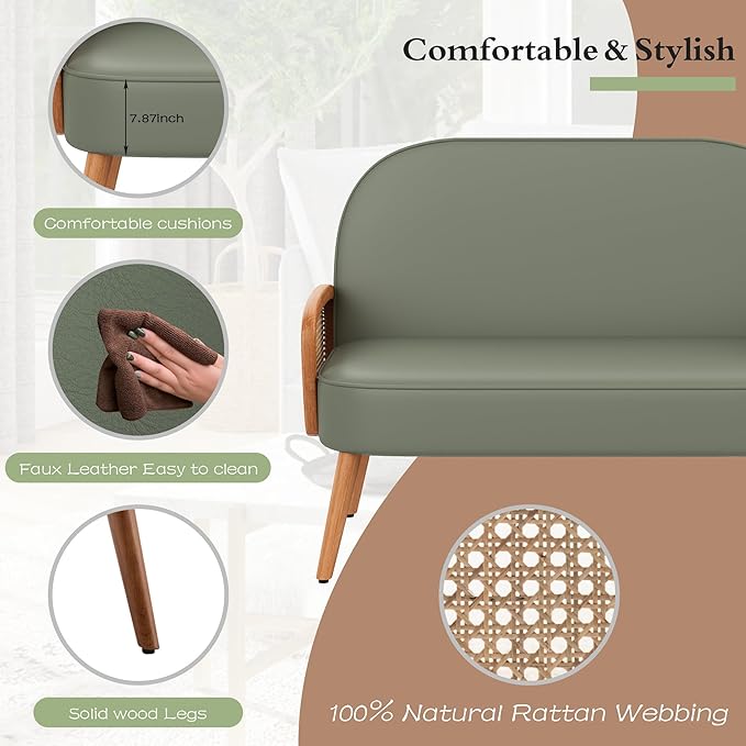 Aklaus 45 W Faux Leather Small loveseat with Natural Rattan ArmsUpholstered Modern Mini Sofa Couch Love Seat Settee Bench with Back for Living Room Bedroom Office Small Space Entryway Green