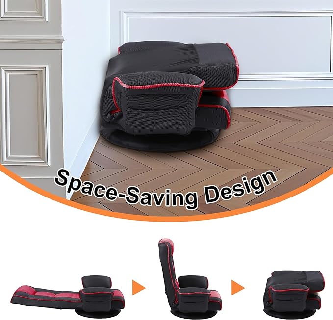 Swivel Floor Chairs for Adults Floor Gaming Chair with Extra Wide Arms Back Support 14 Angles Adjustable Comfortable Double Mesh Fabric Lazy Sofa for Video Game Chairs 201 (Black+red)
