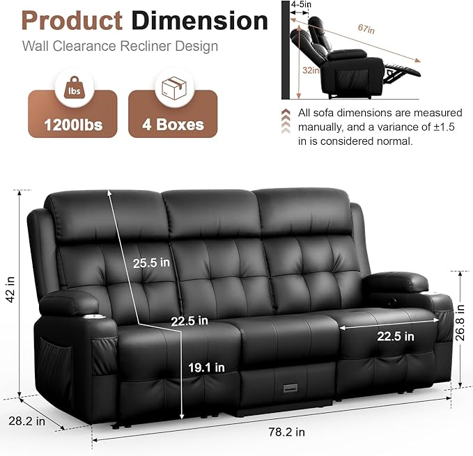 Recliner Sofa Massage Flip Back Reclining Sofa 3 Seater Sets Heavy Weight Capacity RV Loveseat Clearance Recliner Couch with Storage Cup Holders Wall Hugger Couches for Living Room