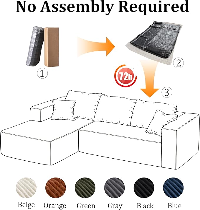 92.5'' L-Shaped Cloud Modular Sectional Sofa Modern Corduroy Memory Foam Couch with Left Facing Chaise Lounge Upholstered Boneless Deep Seat Fluffy Sofa No Assembly Needed for Home Navy Blue