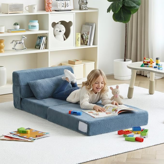 Tiita Convertible Folding Kids Sofa Bed with Pillow &amp Storage Bag Plush Fabric Floor Mattress Couch Bed Washable Cover Kids Room Playroom Dorm Apartment Blue Grey