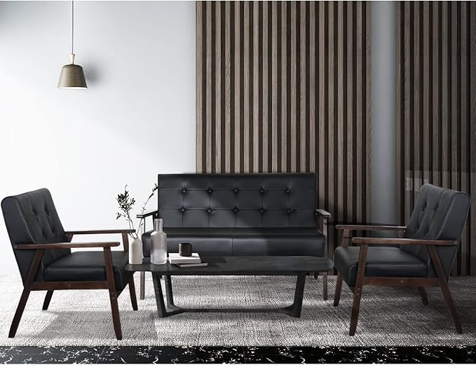 AODAILIHB Leather Sofa Couch Set 2 Accent Chairs &amp 1Loveseat Black Faux Leather Loveseats Mid Century Modern Office Couch for Small Space Waiting Room Living Room Furniture (3 Black)